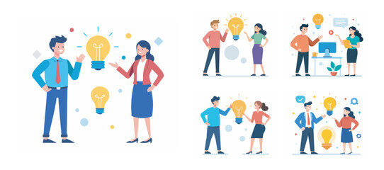 Two people sharing idea with lightbulb bundle vector illustration on white background