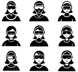 Female Avatar VR Headset Icon Set Silhouettes