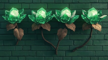 abstract brick wall background with glowing flowers on the top of the wall with copy space for text