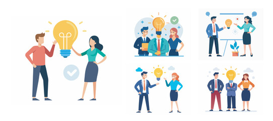 Illustration of two people sharing ideas. Teamwork and idea sharing concept. Flat style design