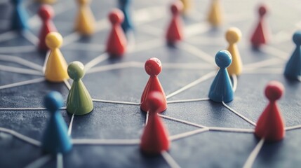 A group of colorful figurines connected by lines on a dark surface.