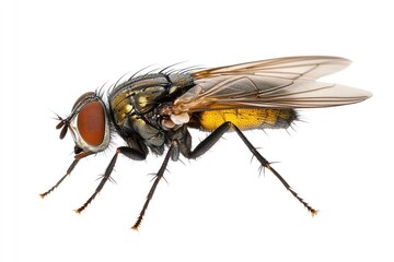 Obraz premium Close-up of flying housefly on white