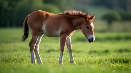 Obraz premium a young foal walking leisurely in the pasture