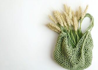Green eco handmade bag filled with freshly bombed wheat stems on a white background, ideally suitable for environmentally friendly life and sustainable agriculture