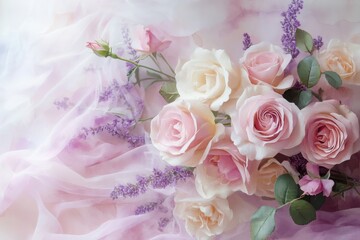Soft pink roses and lavender on sheer fabric