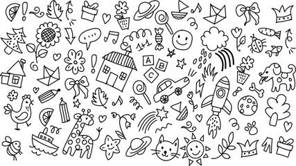 Cute kid doodle background with hand drawn icons. Pencil sketch illustration of rainbow, sun, cat, flower, house, cloud. Fun children vector pattern. School, summer, playful design.