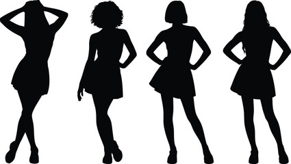 Four silhouettes of women in dresses posing with different hairstyles on a white background image view