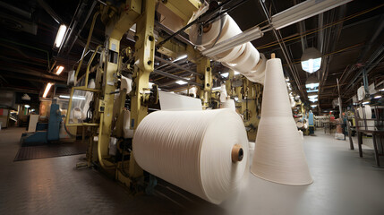 Industrial textile machine producing yarn with large spools in a busy factory setting.