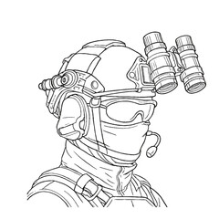 simple line art vector of special army head with tactical binoculars helmet