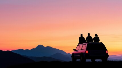 Couple sitting on the roof of their car, watching the sunrise over a breathtaking mountain landscape