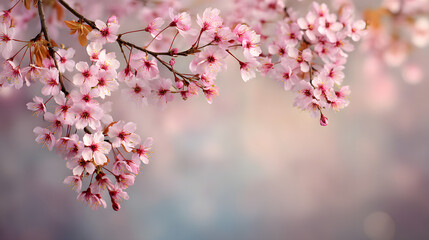 Obraz premium A close-up of delicate cherry blossom branches adorned with soft pink flowers, creating a serene spring mood.