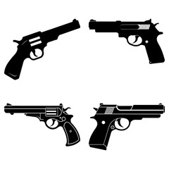 Illustration of four black silhouette pistols, two revolvers and two semi automatic handguns facing different directions
