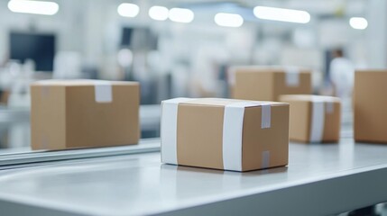 A cardboard box on a conveyor belt in a warehouse.