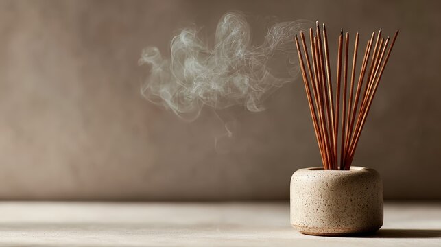 Elegant incense sticks burning in minimalist ceramic holder enhancing calm atmosphere