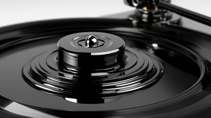A glossy black vinyl record resting on a turntable