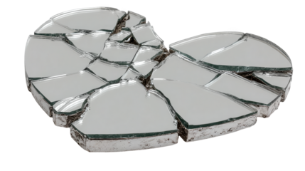 Heart shaped mirror broken into many shards, symbolizing lost love, heartbreak, and sadness, isolated on a transparent background, ready for compositing and design projects