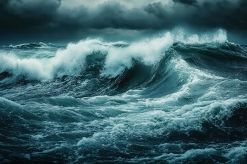 Fototapeta premium Stormy northern sea waves crashing under dramatic sky