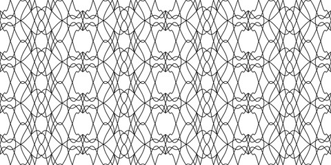 Fototapeta premium Monochrome black ornate grid on white background. Geometric symmetric seamless pattern. Vector guilloche ornament of curved lines. Refine pattern for your design projects.