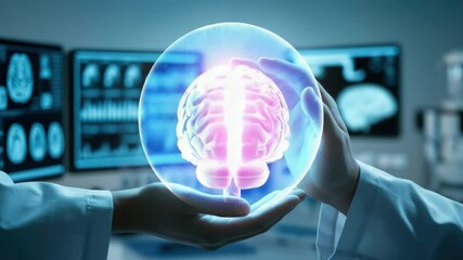 Doctors holding holographic brain model, representing neurology and medical research - Powered by Adobe