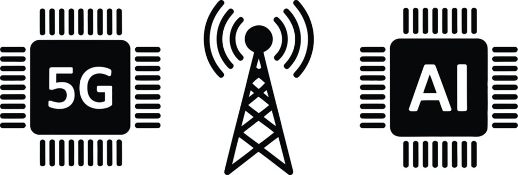 A graphical representation of ai and 5g technology with a central communication tower icon shown