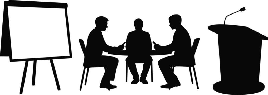 Silhouette illustration of three people at a table, flip chart, and podium with microphone