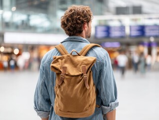 Fototapeta premium Man with a backpack looking at the departure board, in the middle of a busy train station.