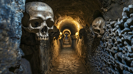 An old catacomb filled with human bones lining the walls a catacomb as a tourist attraction.