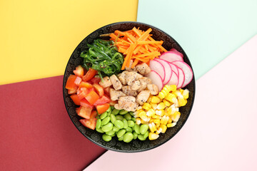 Poke Bowl with Chicken, Tomato, Corn, Carrot, Red Tomato, Chuka Wakame