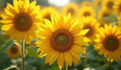 Obraz premium Sunflower field and sunset. Garden.
