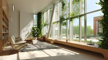 Fototapeta premium Bright and airy indoor space with large windows and modern seating, perfect for relaxation and reading.
