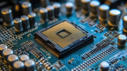 A close-up of a computer processor on a circuit board with a blue and green color scheme.