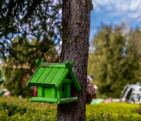 Birdhouse on a tree in the park on a summer day.