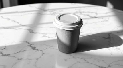 Single disposable coffee cup on a marble table, sunlit