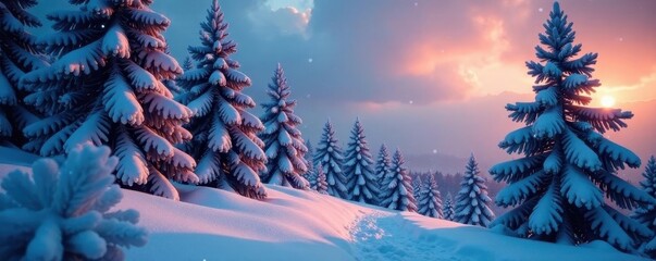 Snow-covered pines, glowing lights, crisp winter sky, serene, winter