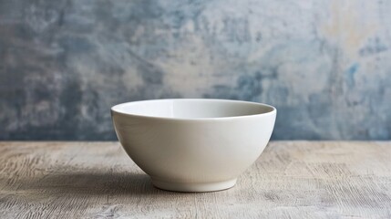 A white bowl on a wooden table with a textured background.