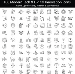 100 Modern Tech & Digital Innovation Icons – Cloud, Cybersecurity, Finance & Startup Pack