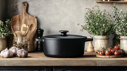 Rustic Dutch oven beside ceramic vases high resolution picture