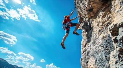 A man rock climbing on a steep cliff with a clear blue sky in the background.