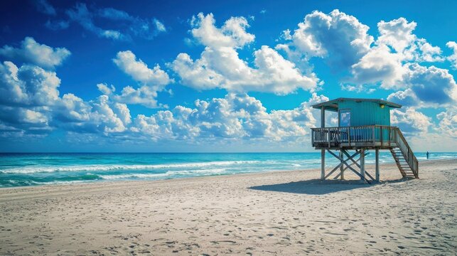 A serene beach scene with a lifeguard tower and a person walking on the sand.