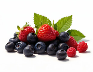 A bunch of berries including blueberries, strawberries, and raspberries