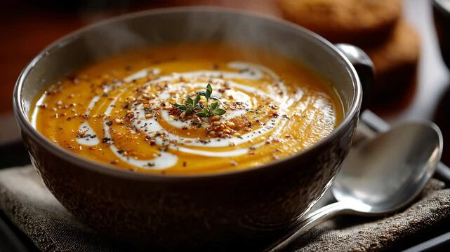 Warm bowl of creamy pumpkin or butternut squash soup topped with cream, herbs, and pepper flakes, steaming in cozy lighting for comforting autumn or winter meal visuals

