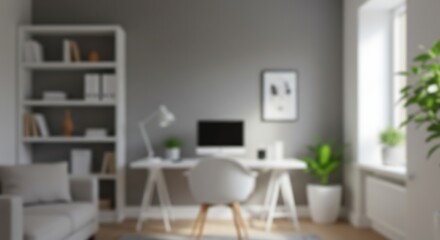 Blurred Minimalist Home Office with White Furniture and Grey Wall