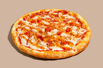Golden crisp pizza adorned with fiery red onions and succulent grilled chicken, perfect for Pi Day...