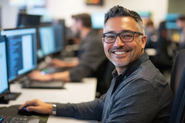 Fototapeta premium Tech Professional Working with Multiple Monitors at Desk