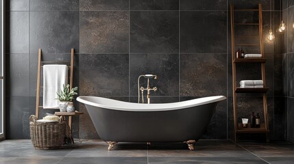 A luxurious black and white bathroom with a clawfoot bathtub, wooden shelves, and dark stone tiles.