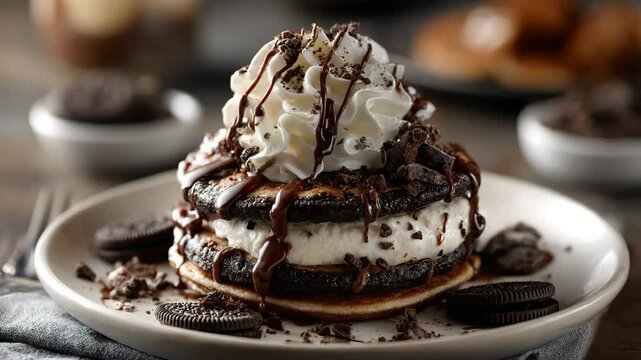 Decadent chocolate pancake stack layered with whipped cream, Oreo cookies, and rich chocolate drizzle, captured in cinematic detail for dessert lovers.

