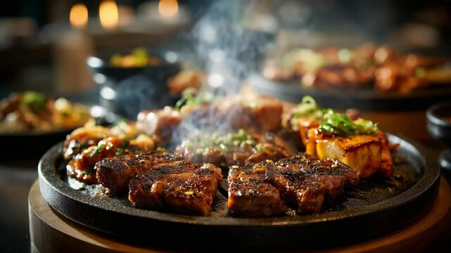 Sizzling Korean barbecue with marinated beef slices and tofu garnished with scallions, captured in a warm restaurant ambiance with rising steam and bokeh lighting.

