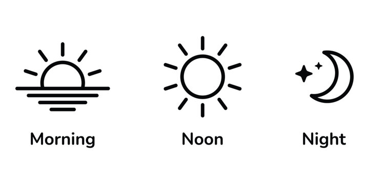 Day and night vector icons set. Morning sunrise, noon sun, and night moon with stars symbols for time of day, schedule, planning, or weather design. Black line art isolated on white background.