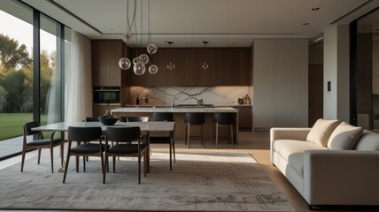Modern open-plan kitchen and dining area, overlooking a garden