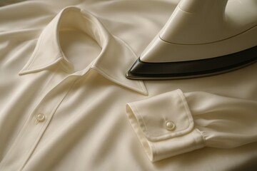 Ironing a crisp white shirt with care in a well-lit domestic setting
